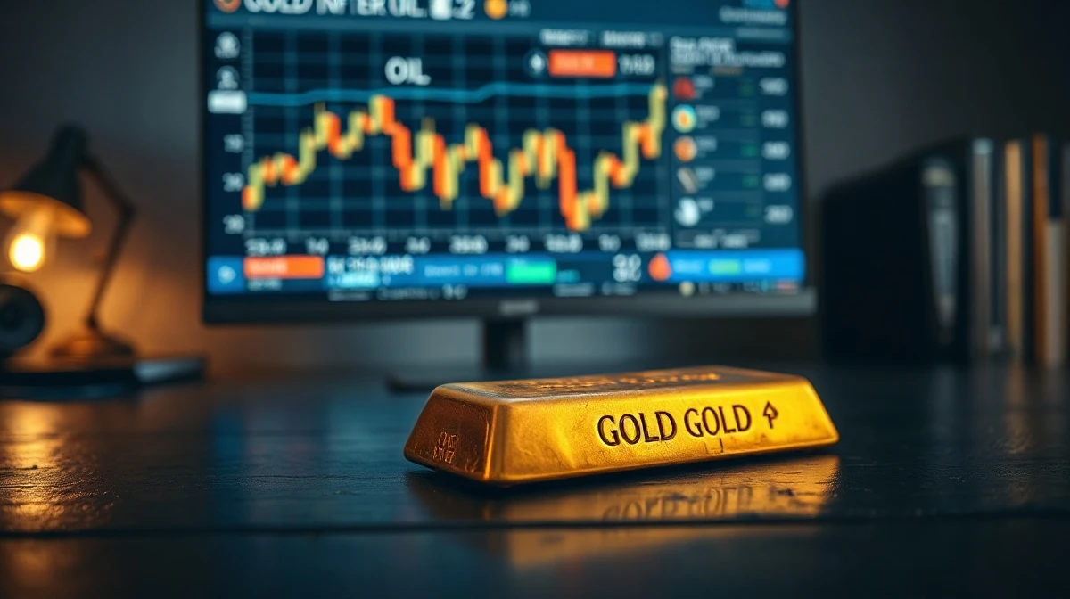 Gold bar in foreground with falling price chart and oil headlines blurred in background