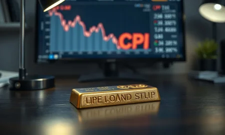 Gold bar on desk with a blurred financial monitor showing a downward chart and CPI label