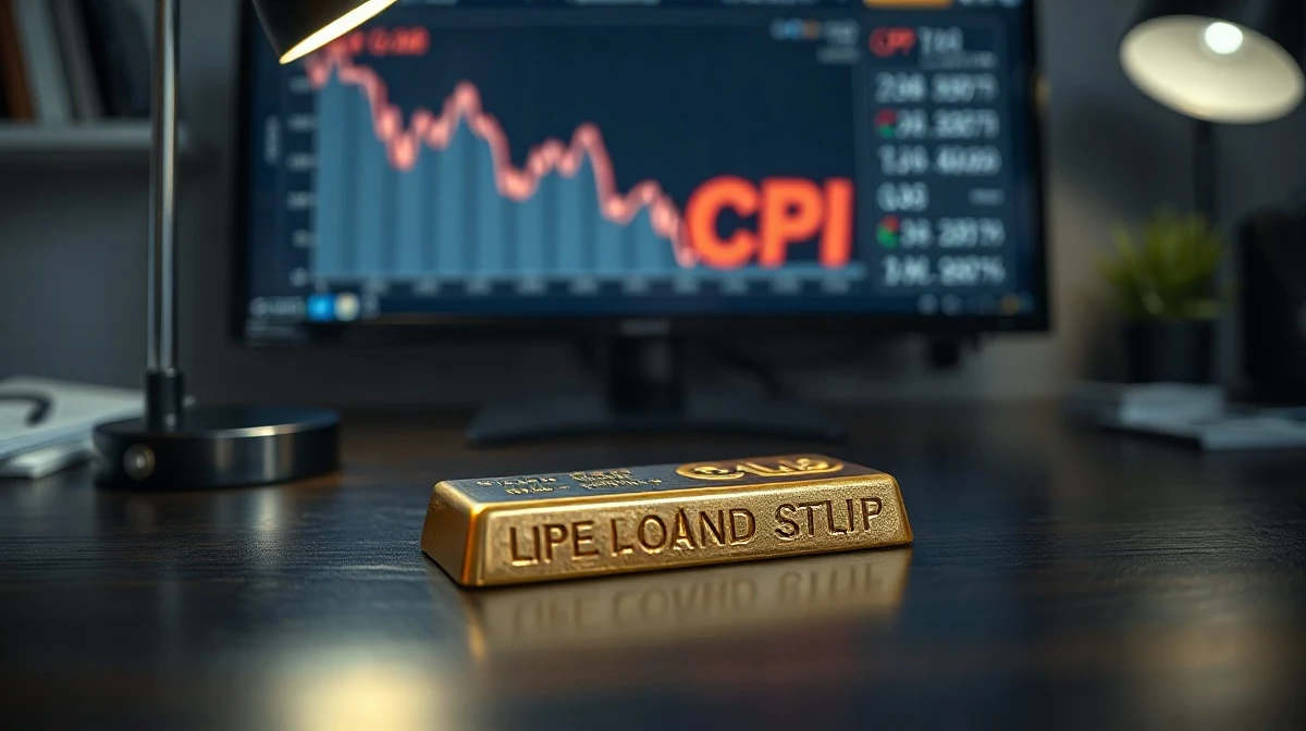 Gold bar on desk with a blurred financial monitor showing a downward chart and CPI label