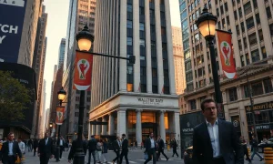 Exterior of a Wall Street office building on a World Cup match day with lighter pedestrian traffic