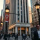Exterior of a Wall Street office building on a World Cup match day with lighter pedestrian traffic