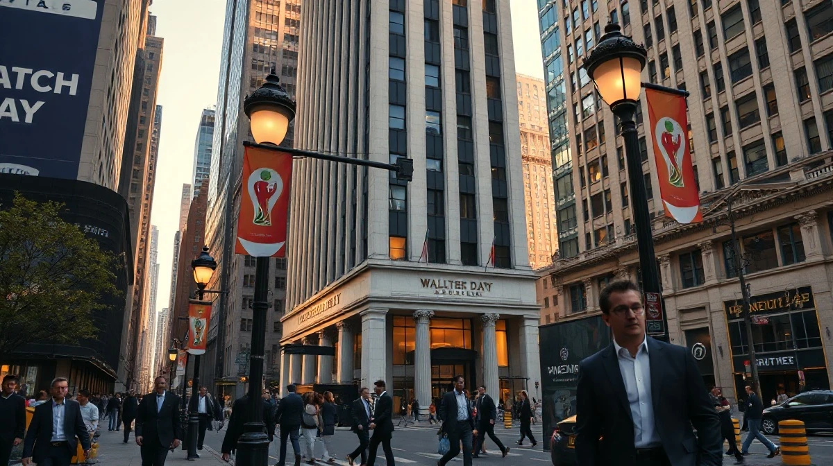Exterior of a Wall Street office building on a World Cup match day with lighter pedestrian traffic
