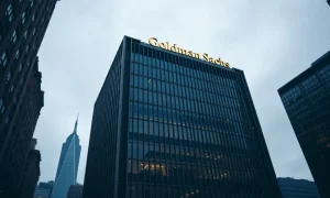 Exterior of the Goldman Sachs headquarters building in New York City at dusk.
