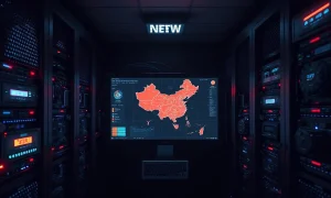 Server room with digital map of China on a monitor, representing a cybercrime operation.