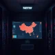 Server room with digital map of China on a monitor, representing a cybercrime operation.