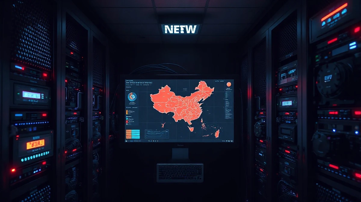 Server room with digital map of China on a monitor, representing a cybercrime operation.