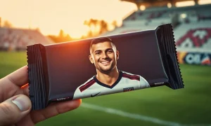 Hershey's limited-edition Christian Pulisic chocolate bar wrapper held in hand with soccer field background