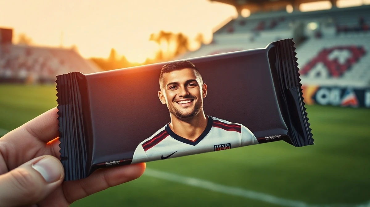 Hershey's limited-edition Christian Pulisic chocolate bar wrapper held in hand with soccer field background