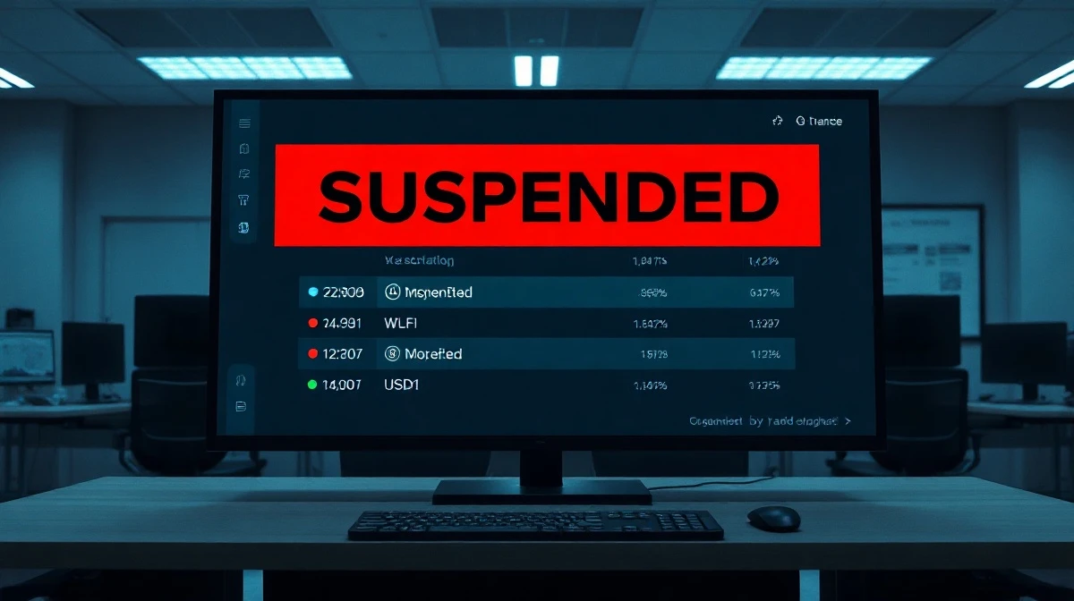 Cryptocurrency exchange interface showing suspended trading for WLFI and USD1 tokens.