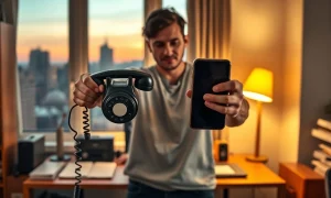Person holding a vintage telephone and a smartphone in a home office, illustrating Ian Bogost's concept of dematerialization.
