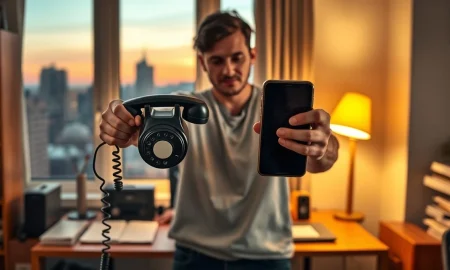Person holding a vintage telephone and a smartphone in a home office, illustrating Ian Bogost's concept of dematerialization.