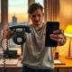 Person holding a vintage telephone and a smartphone in a home office, illustrating Ian Bogost's concept of dematerialization.