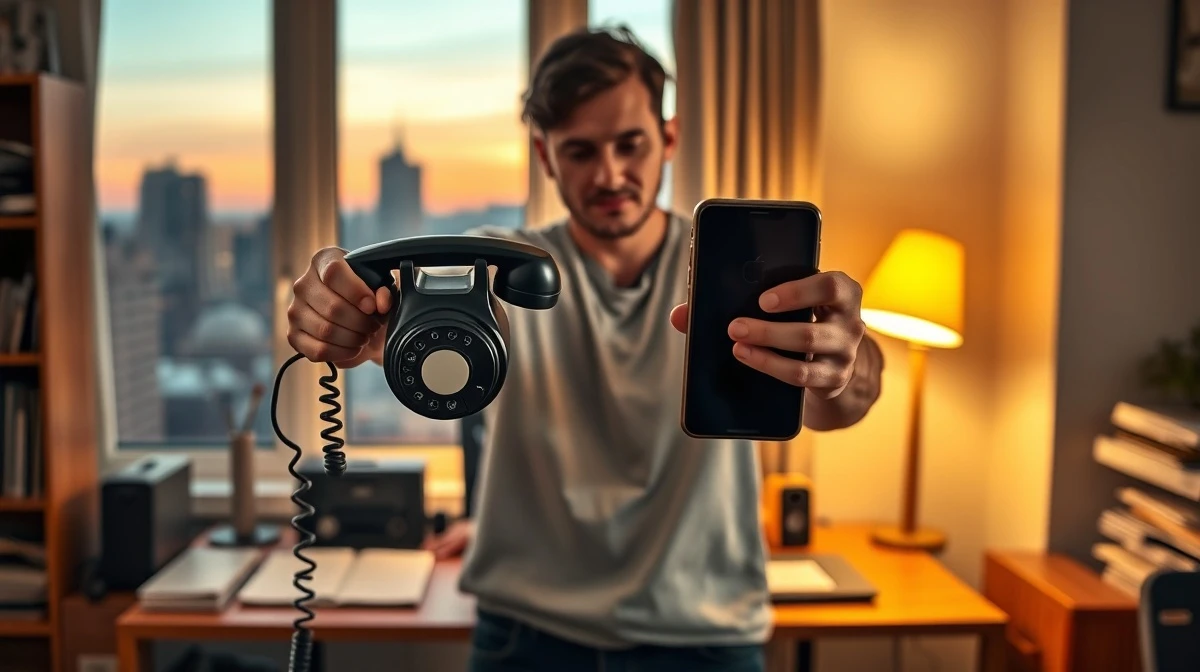 Person holding a vintage telephone and a smartphone in a home office, illustrating Ian Bogost's concept of dematerialization.