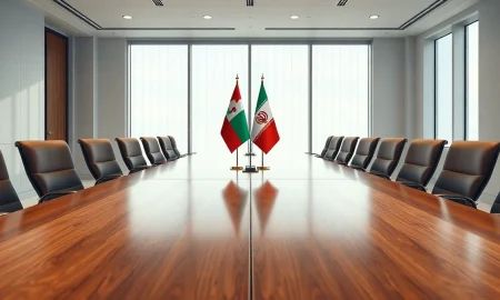 Empty chairs and flags at a conference table in Switzerland after Iran suspended nuclear talks with the US.