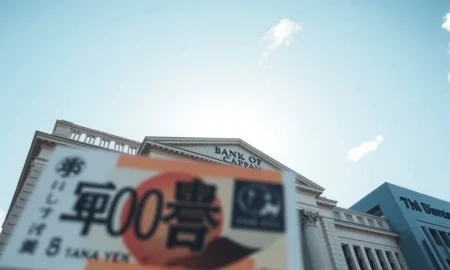Bank of Japan headquarters in Tokyo with Japanese yen banknote in foreground