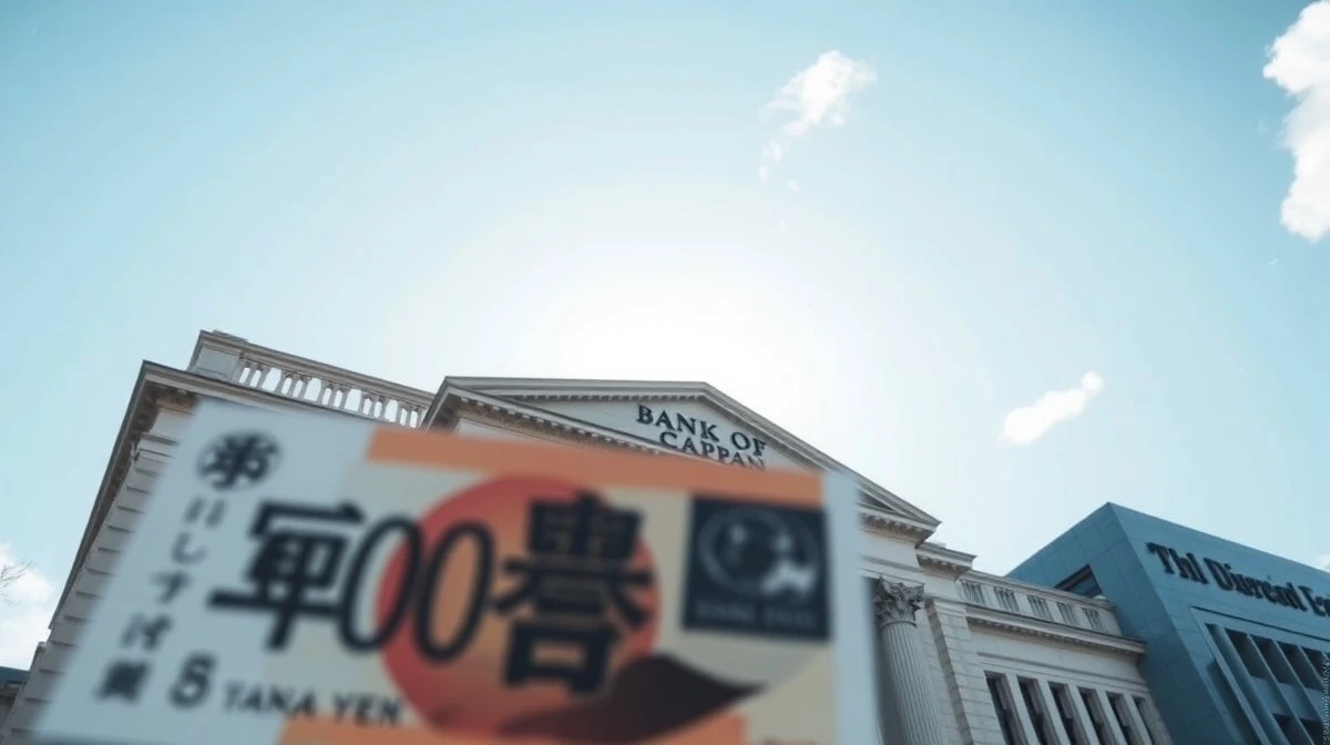 Bank of Japan headquarters in Tokyo with Japanese yen banknote in foreground