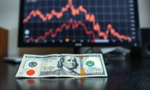 Japanese Yen and US Dollar banknotes on a desk with a financial chart in the background.