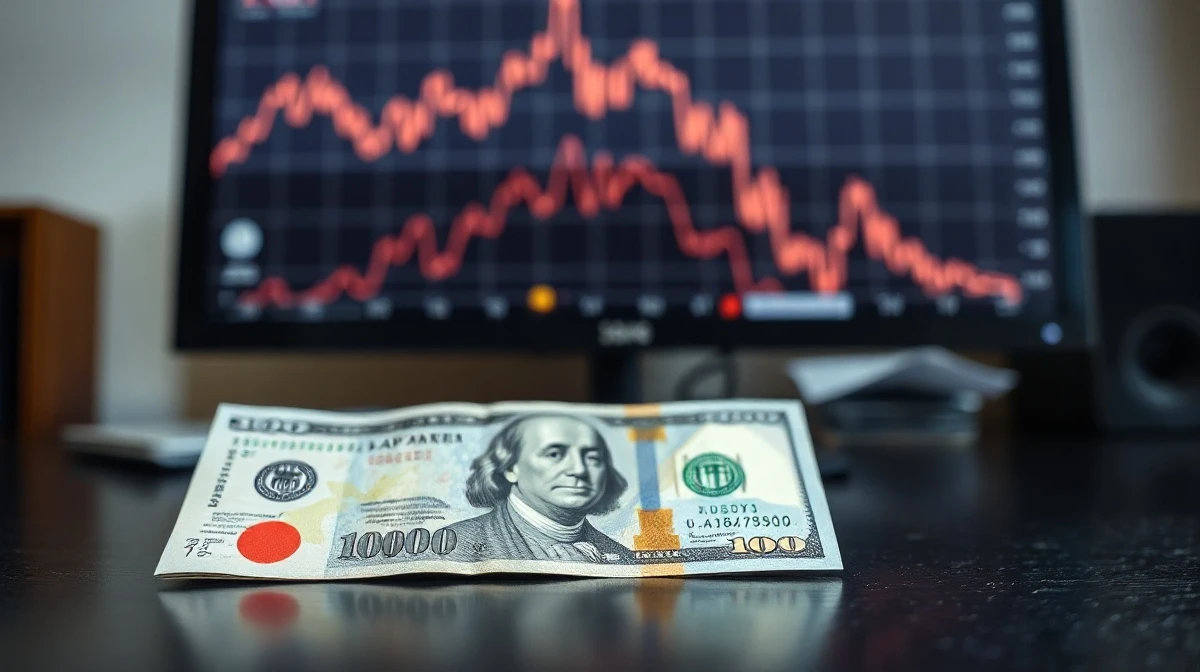 Japanese Yen and US Dollar banknotes on a desk with a financial chart in the background.