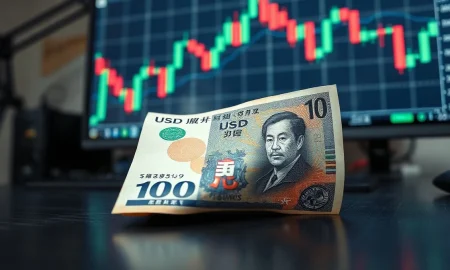 Japanese yen banknote on desk with USD/JPY chart on monitor in background