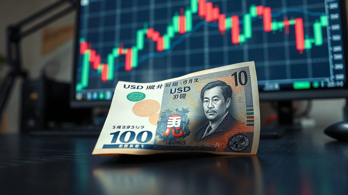 Japanese yen banknote on desk with USD/JPY chart on monitor in background