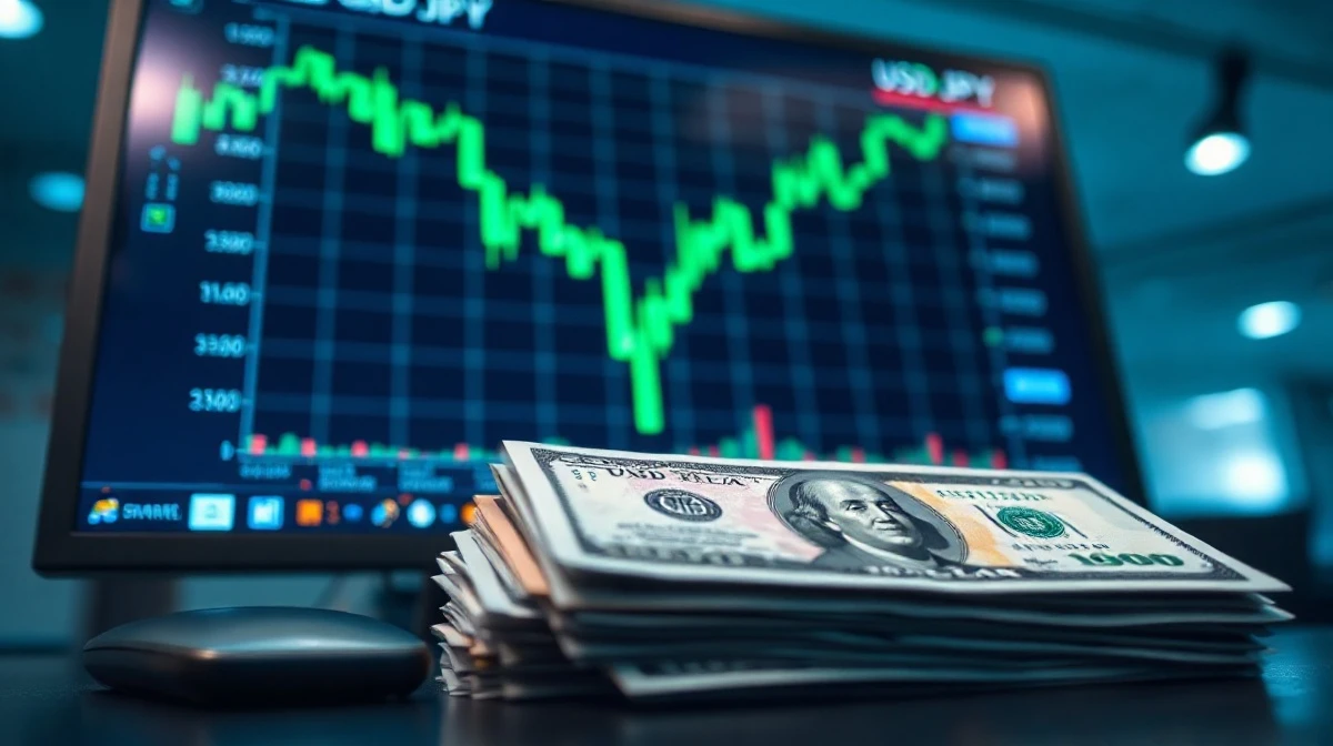 Digital forex trading screen showing USD/JPY chart with Japanese yen banknotes in foreground