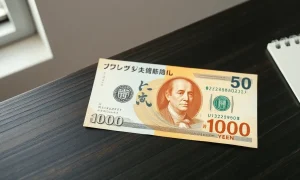 Japanese 10,000 yen note next to a US dollar bill on a desk