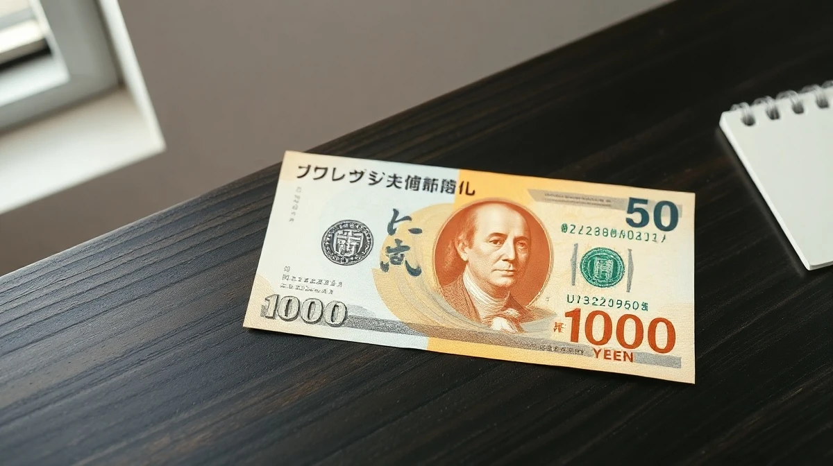 Japanese 10,000 yen note next to a US dollar bill on a desk