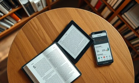 Kobo eReader next to a smartphone showing the StoryGraph app for automatic book tracking.