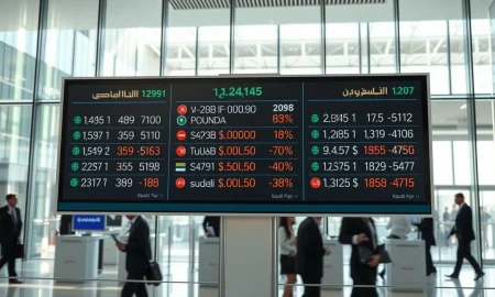Digital currency exchange board showing MENA FX rates in a financial district.