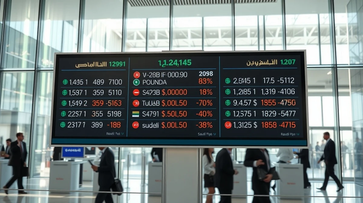 Digital currency exchange board showing MENA FX rates in a financial district.