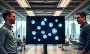 Team of engineers and marketers viewing a digital display showing AI agent network connections in a modern office.