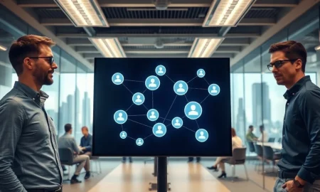 Team of engineers and marketers viewing a digital display showing AI agent network connections in a modern office.