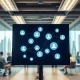 Team of engineers and marketers viewing a digital display showing AI agent network connections in a modern office.