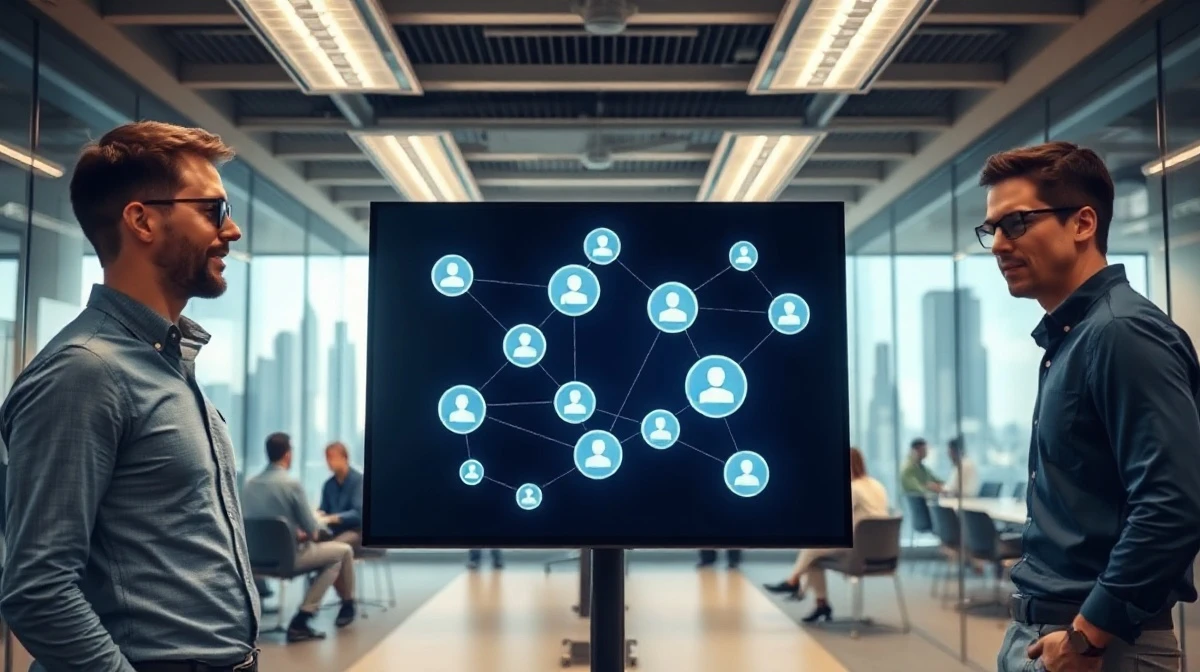 Team of engineers and marketers viewing a digital display showing AI agent network connections in a modern office.