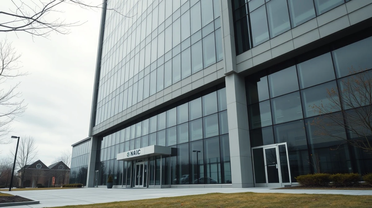 Exterior of NAIC headquarters building under overcast sky, representing regulatory disruption after a cyber attack.