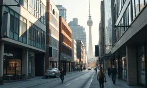 A busy street scene in downtown Auckland, New Zealand, on a clear autumn morning.