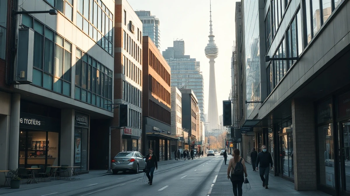 A busy street scene in downtown Auckland, New Zealand, on a clear autumn morning.