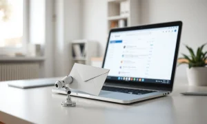 A laptop with a Gmail inbox and a small AI agent device on a modern desk.