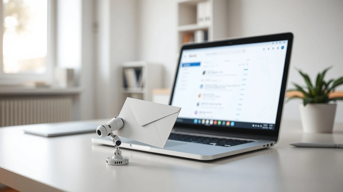 A laptop with a Gmail inbox and a small AI agent device on a modern desk.