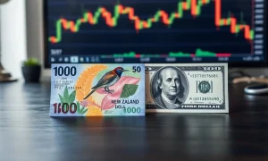 New Zealand Dollar and US Dollar banknotes on a desk with a financial chart in the background.