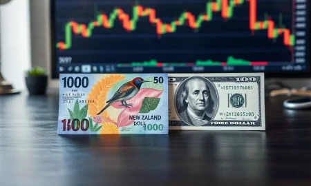New Zealand Dollar and US Dollar banknotes on a desk with a financial chart in the background.