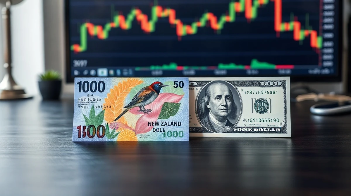 New Zealand Dollar and US Dollar banknotes on a desk with a financial chart in the background.