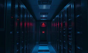 Server room with a red warning light indicating a critical security vulnerability