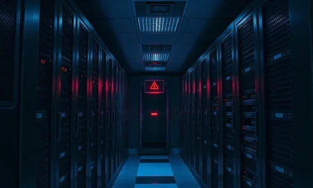 Server room with a red warning light indicating a critical security vulnerability