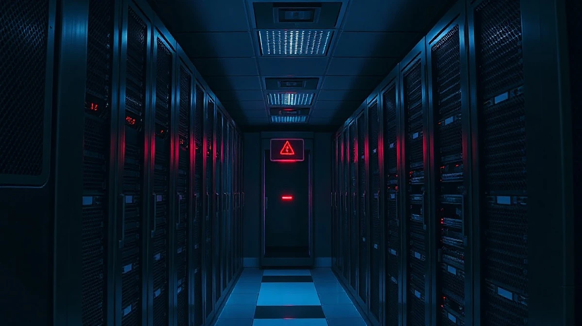 Server room with a red warning light indicating a critical security vulnerability