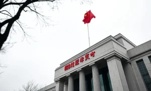 Exterior of the People's Bank of China headquarters in Beijing on a cloudy day.