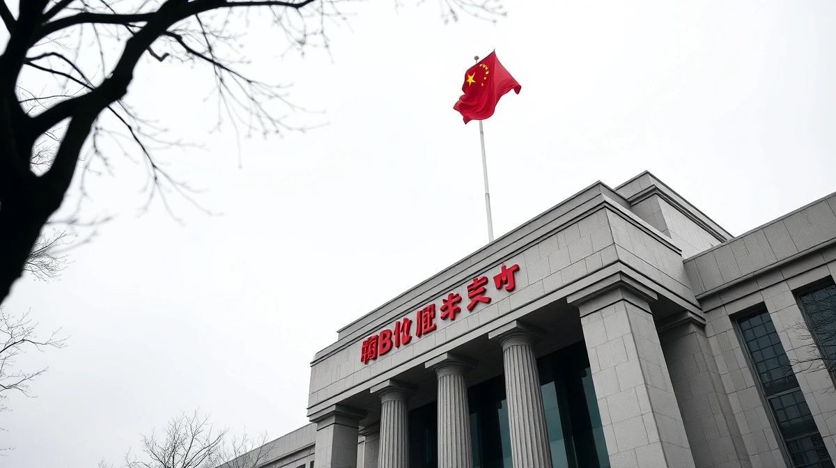 Exterior of the People's Bank of China headquarters in Beijing on a cloudy day.