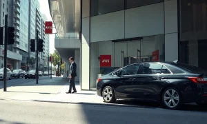 Exterior of an Avis car rental office with corporate signage on a city street