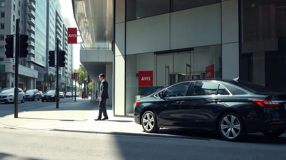 Exterior of an Avis car rental office with corporate signage on a city street