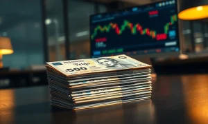 Stack of Philippine peso banknotes on a desk with a financial monitor in the background